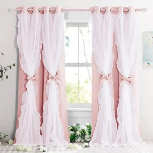 Pink Double Layer Bow Curtains with Ruffle Sheer Overlay