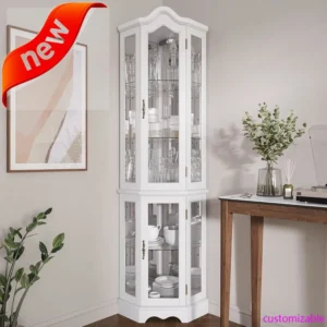 Curved Wood Curio Cabinet with Bulb